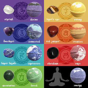 Chakra Healing Gemstones Bath Bombs. 15 Essential Oil Bath Bombs and 7 Chakra stones. Perfect for Yoga Lovers. Meditation, Balancing, Positive Energy, Sleep, Reiki & Yoga Lovers