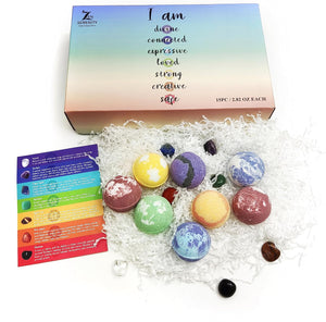 Chakra Healing Gemstones Bath Bombs. 15 Essential Oil Bath Bombs and 7 Chakra stones. Perfect for Yoga Lovers. Meditation, Balancing, Positive Energy, Sleep, Reiki & Yoga Lovers